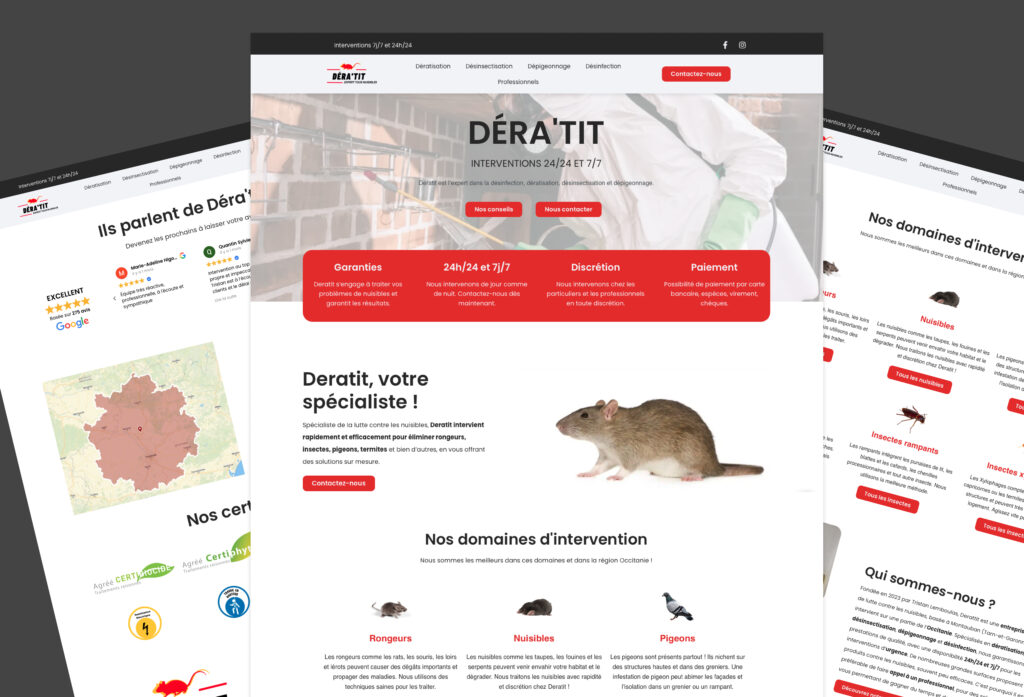 Maquettes du site internet créé par Origin Creative Agency pour Déra'Tit, spécialiste de la dératisation en Occitanie
