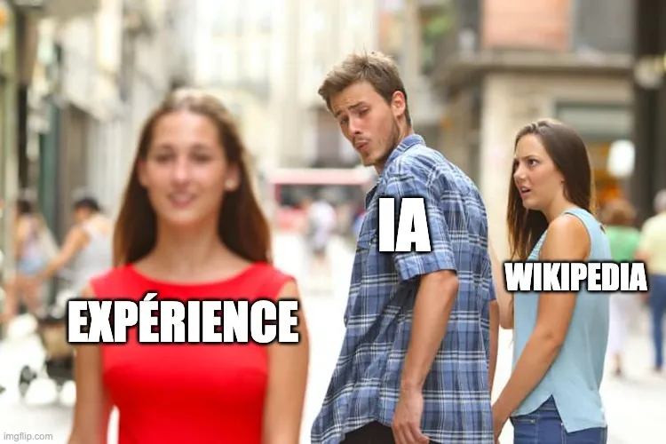 baisse du traffic organique en 2026 : meme montrant comment l'IA va vers l'expérience plutôt que vers les contenus génériques