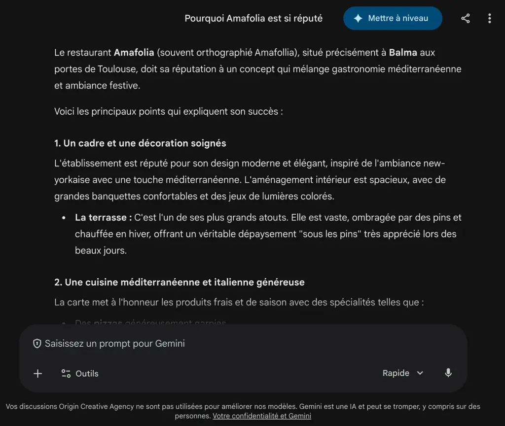 SEO AEO GEO : Exemple de recherche GEO sur Gemini de Google